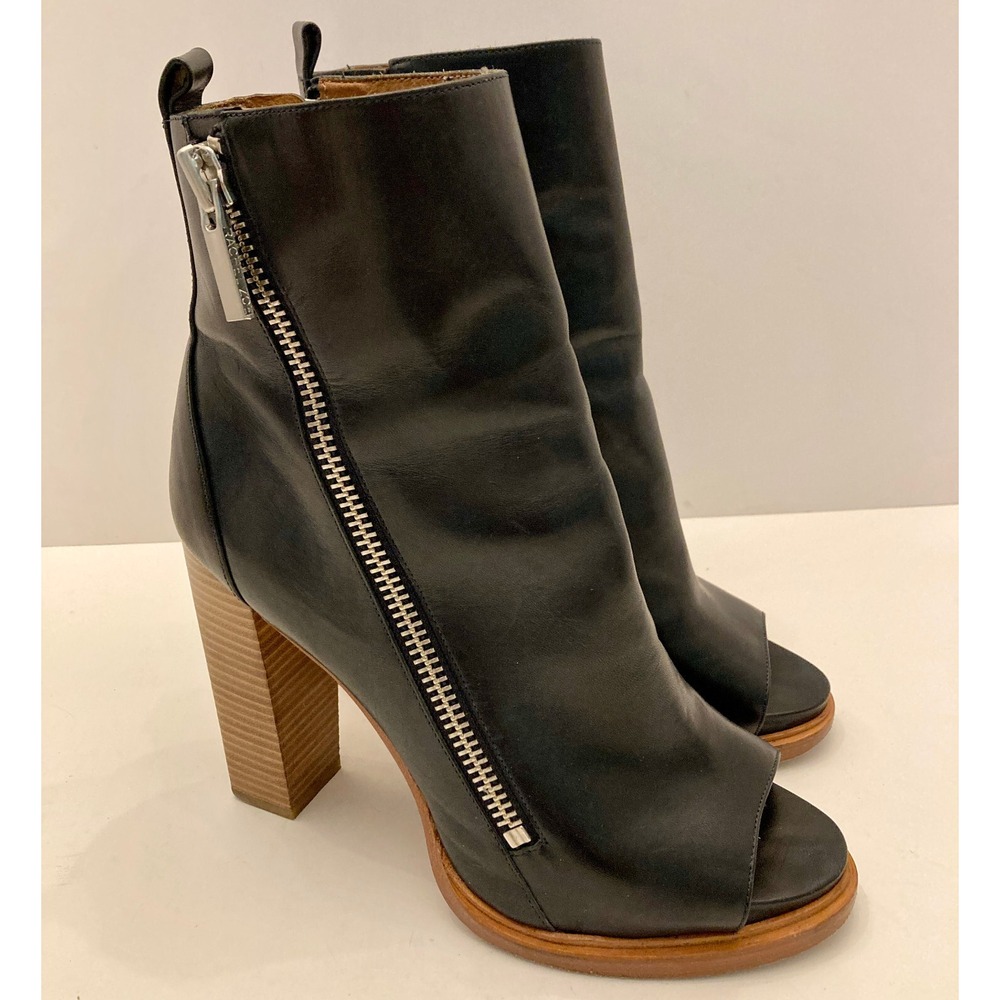 RACHEL ZOE Jillian Vachetta Open Toe Booties Navy Blue Leather 5" Heel Zip 9.5